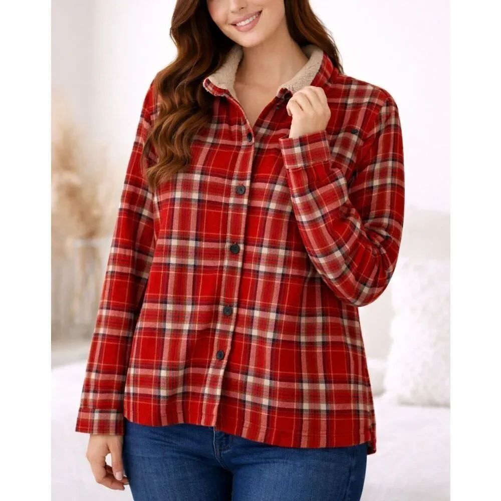L.L. bean red flannel fleece trim button down size XL Cabincore